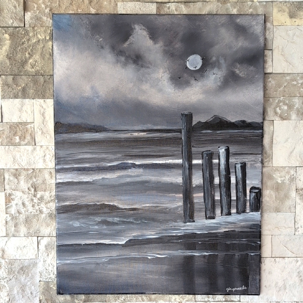 Gray Coastal Art, Original New Acrylic Painting 18X24 Canvas, Full Moon Over Sea